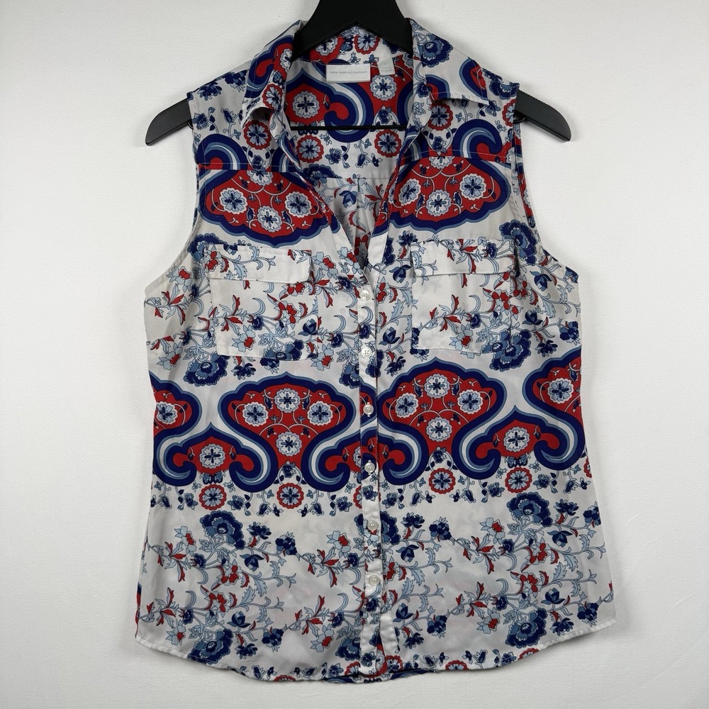 New York And Company Button Down Sleeveless Top Medium Ref White Blue Pattern